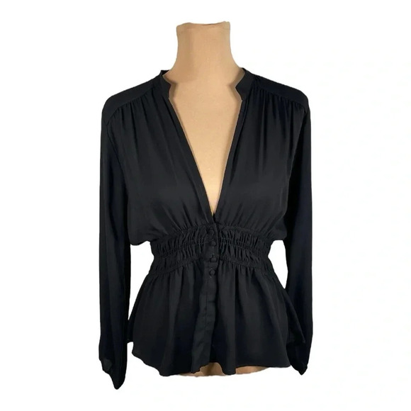 🖤 VERONICA M Waist-Defined Smocked Tie-Front Ruched Blouse NWT Small - Picture 2 of 8